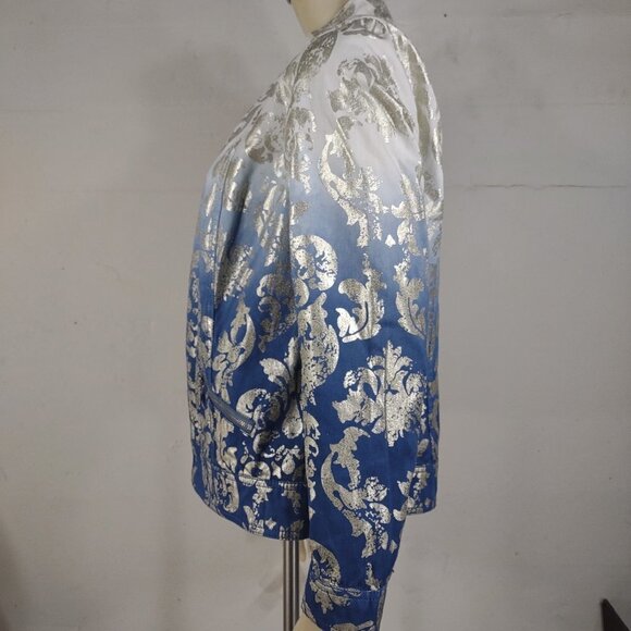 Chico's ombre blue white silver damask open front denim jacket ladies size 1 - Picture 5 of 7